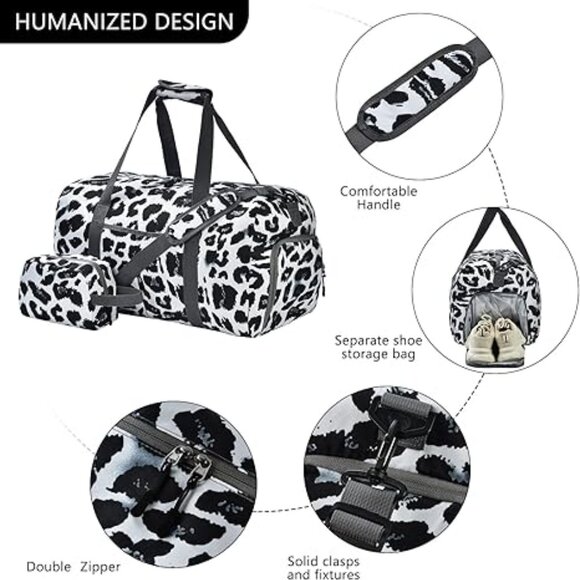 Women's Travel Leopard Print Overnight Duffel Bag with Shoe Compartment - Picture 2 of 3